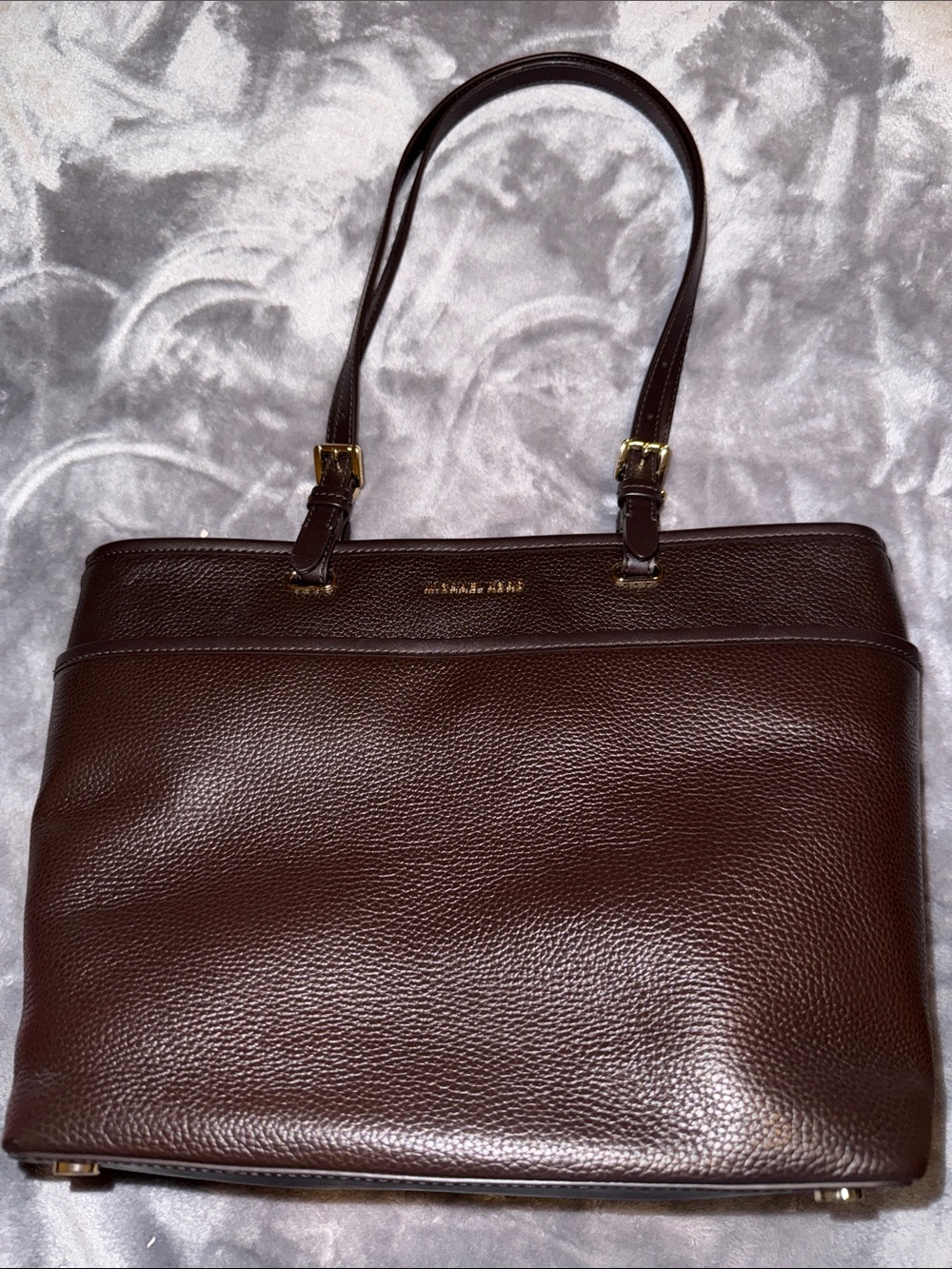 Michael Kors Dark Brown Pebbled Leather Tote with Gold Accents